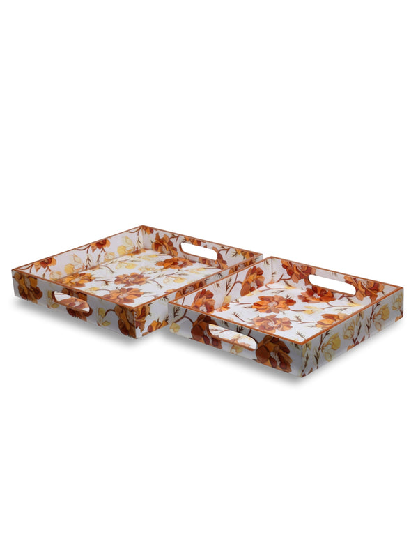 White & Brown Set of 2 Wooden Large & Small Trays for Dining & Serving Table