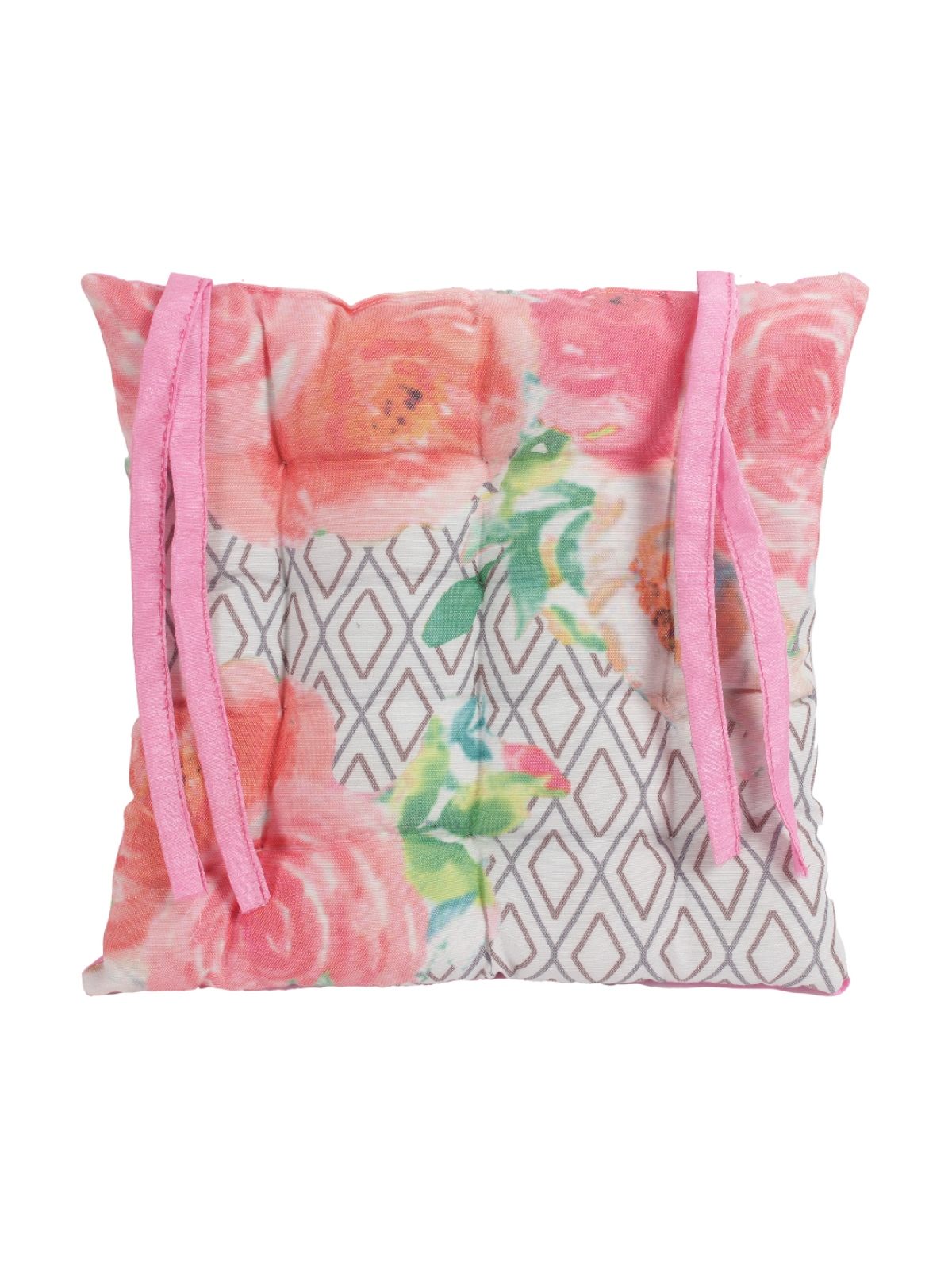 Pink & White Chair Pad Cushion Seat Floral Printed - Set of 2, 40 cm x 40 cm