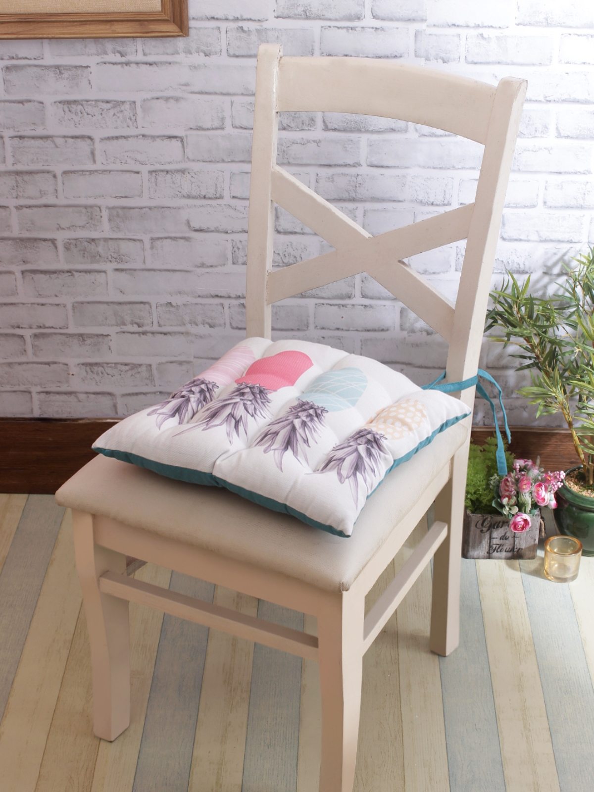 White & Sea Green Chair Pad Cushion Seat Self Printed - Set of 2, 40 cm x 40 cm