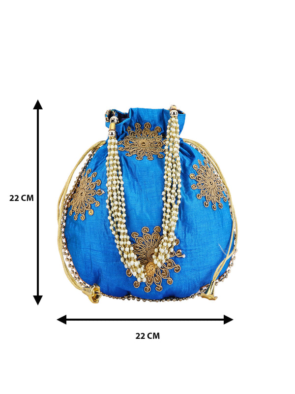 Blue & Gold Floral Embellished Silk Designer Potli Bag / Hand Bag