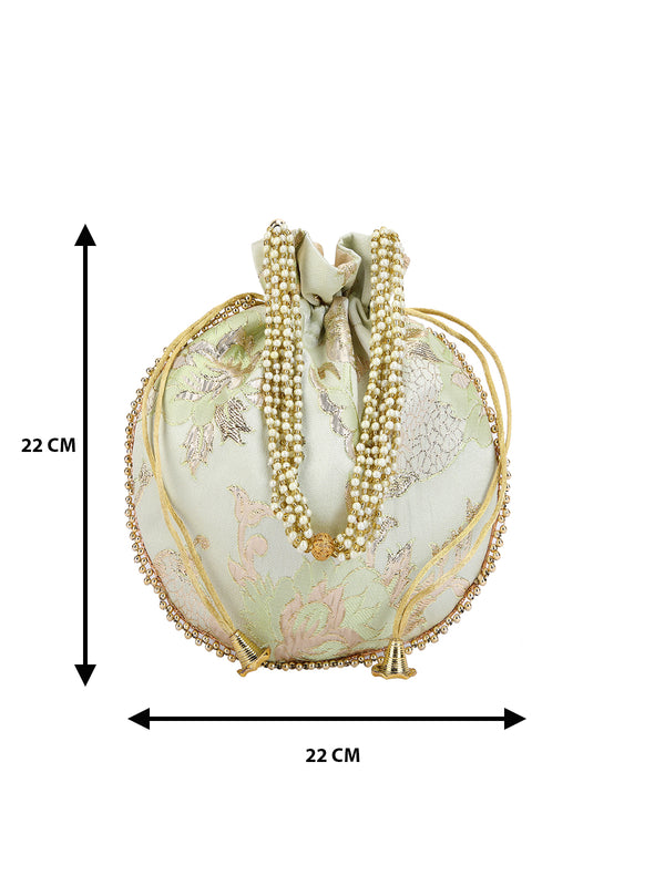 Green Floral Embellished Silk Designer Potli Bag / Hand Bag