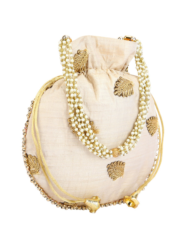 Beige Floral Embellished Silk Designer Potli Bag / Hand Bag