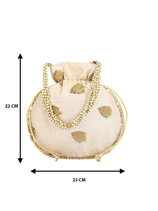 Beige Floral Embellished Silk Designer Potli Bag / Hand Bag