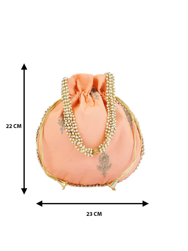 Peach Floral Embellished Silk Designer Potli Bag / Hand Bag