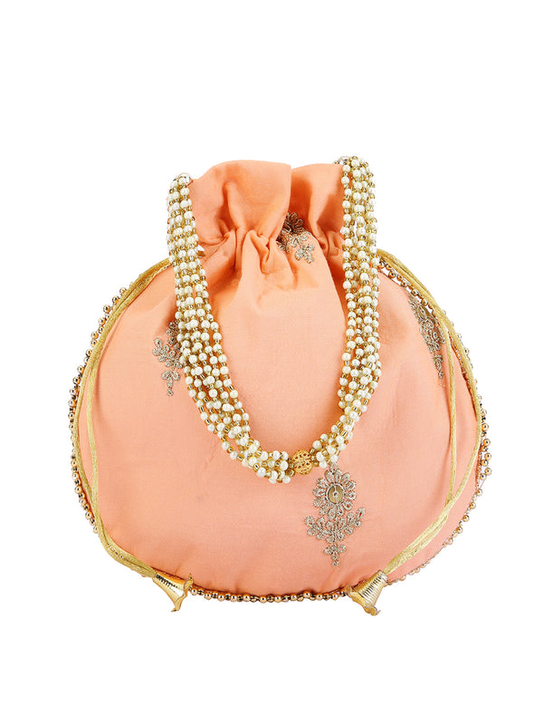 Peach Floral Embellished Silk Designer Potli Bag / Hand Bag