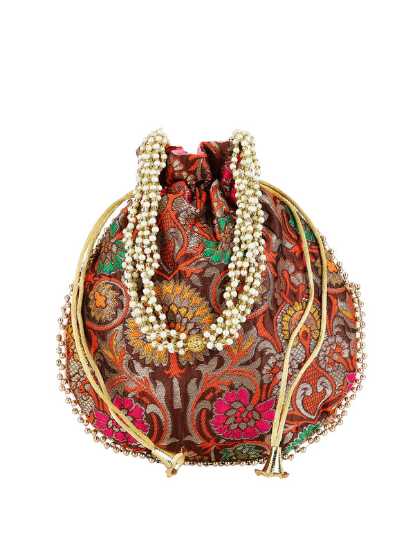Multicolor Floral Embellished Silk Designer Potli Bag / Hand Bag