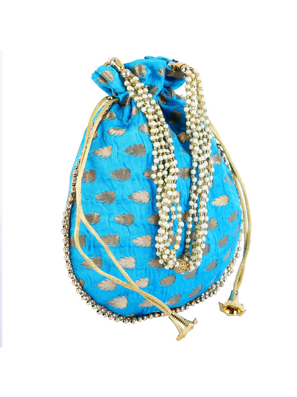 Turquoise Blue Floral Embellished Silk Designer Potli Bag / Hand Bag