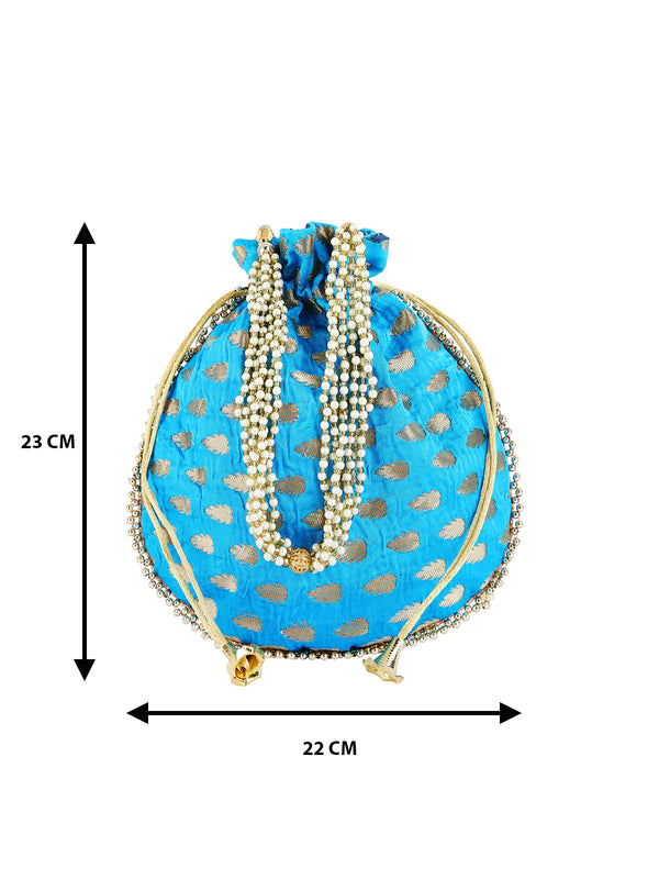 Turquoise Blue Floral Embellished Silk Designer Potli Bag / Hand Bag