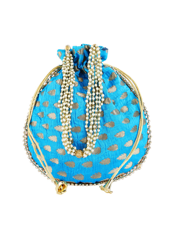 Turquoise Blue Floral Embellished Silk Designer Potli Bag / Hand Bag