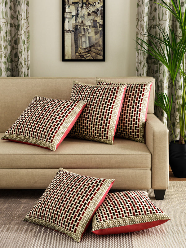 Soft Chenille Fabric Geometric Cushion Cover 16 inch x 16 inch, Set of 5 - Gold & Maroon