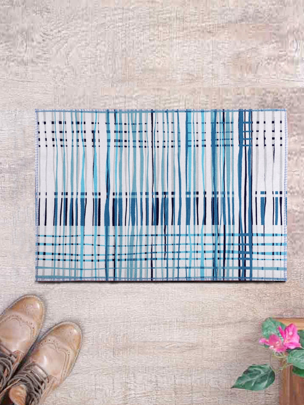 White & Blue Striped Polyester PVC Anti-Skid Doormat