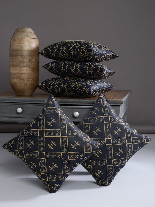 Soft Poly Cotton Ethnic Motifs Printed Cushion Covers 16x16  Set of 5 - Navy Blue