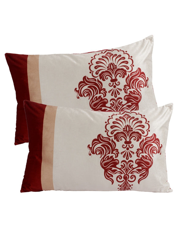 White & Maroon Polyester Velvet Pillow Covers - Pack of 2