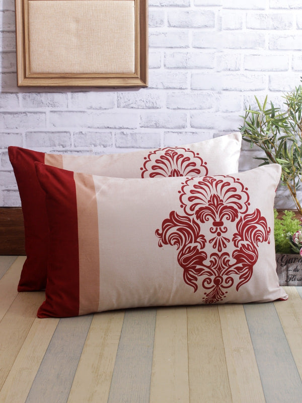 White & Maroon Polyester Velvet Pillow Covers - Pack of 2