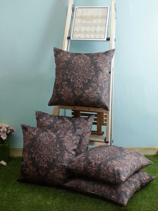 Ethnic Motifs Polyester Cushion Cover 16x16 Inch, Set of 5 - Grey and Brown