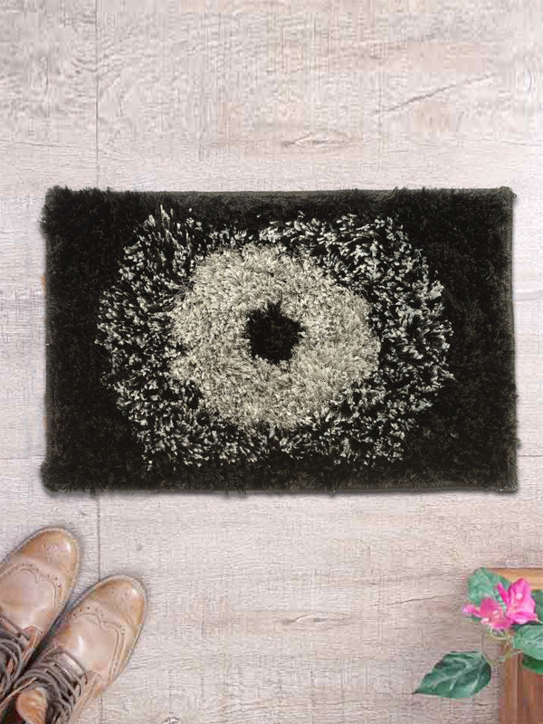 Black geometric Polyester Shaggy Anti-Skid Doormat