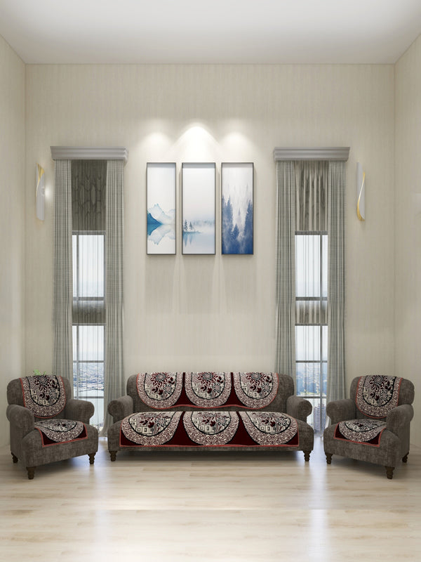 Maroon & Beige Floral Patterned 5 Seater Sofa Cover Set