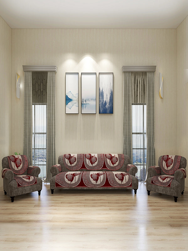 Maroon & Beige Abstact Patterned 5 Seater Sofa Cover Set with Arms Cover