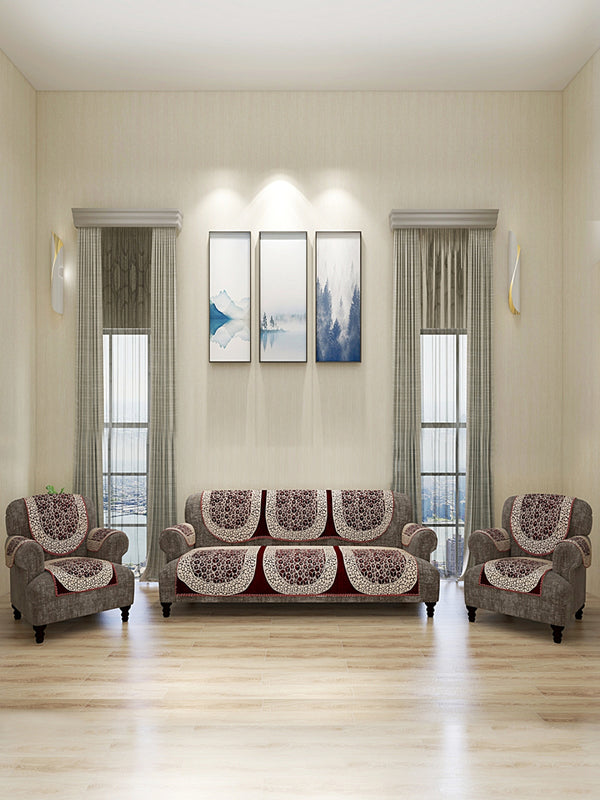 Abstact Design Sofa Cover 5 Seater With Arms Cover, (12 Pieces) - Maroon & Beige