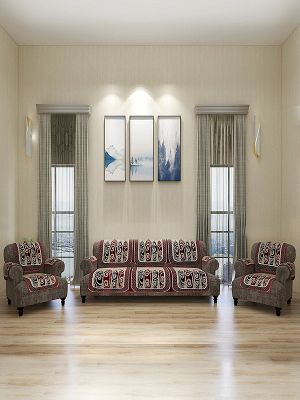Abstact Design 5 Seater Sofa Cover Set with 6 Arms Cover, (12 Pieces) - Beige & Maroon