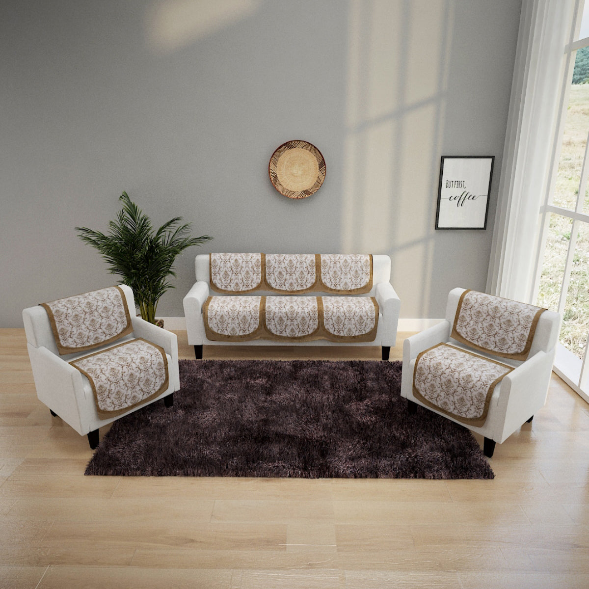 6-Pieces Brown & White Woven Design 5-Seater Sofa Covers