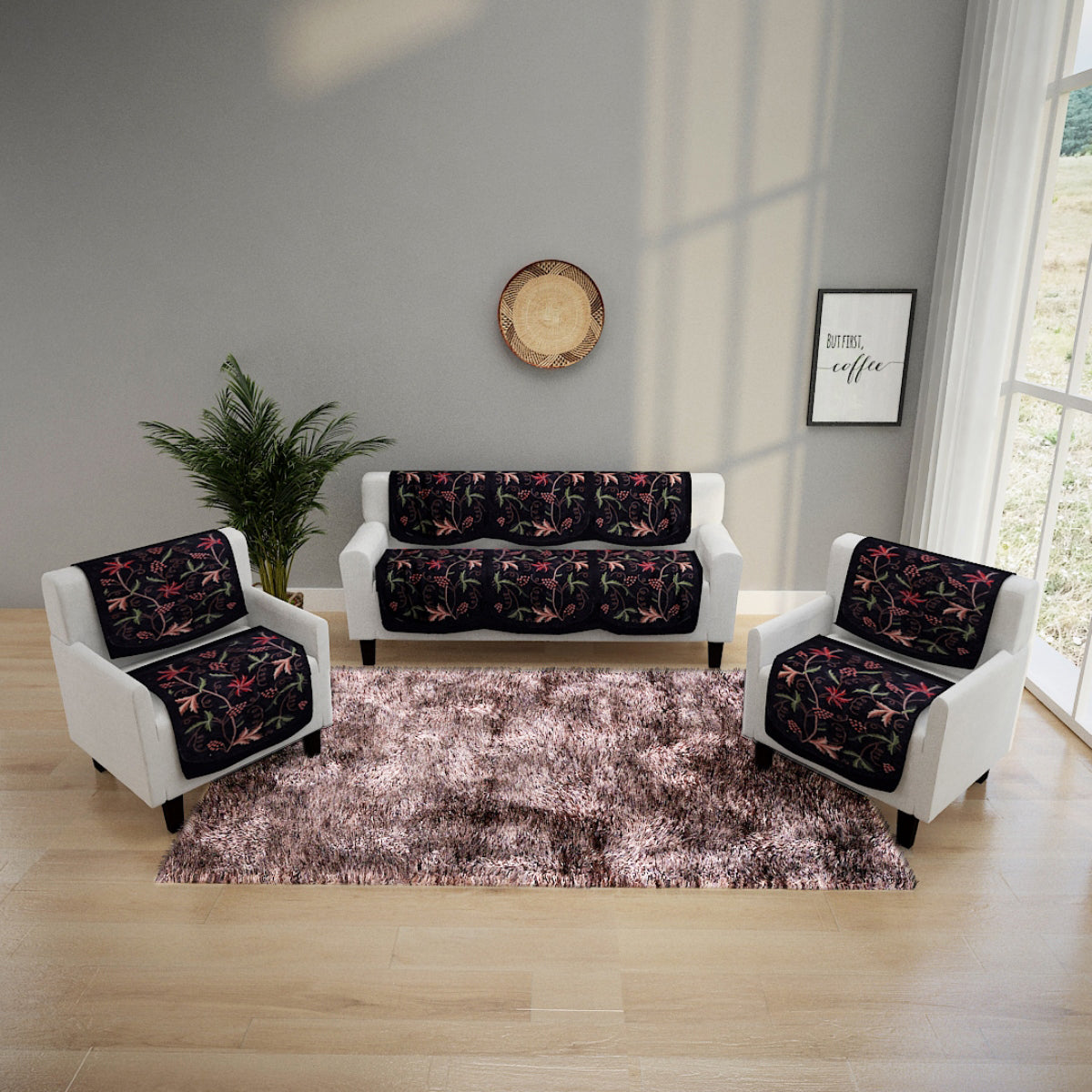 6-Pieces Black Woven Design 5-Seater Sofa Covers
