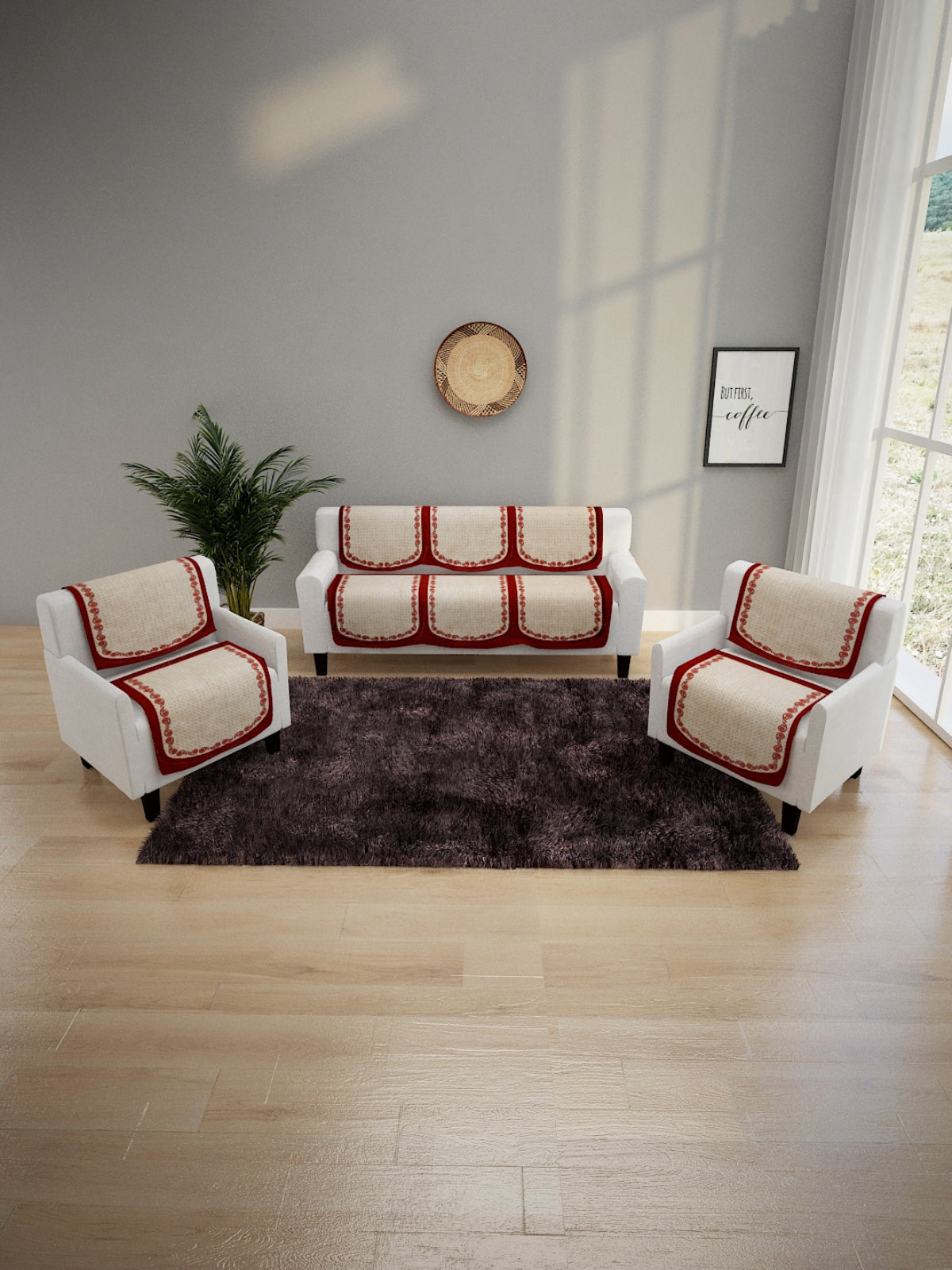 6-Pieces Beige & Maroon Woven Design 5-Seater Sofa Covers