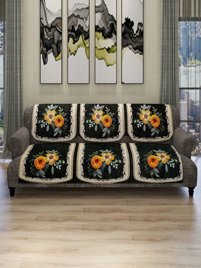 Green & Yellow Floral Patterned 5 Seater Sofa Cover Set