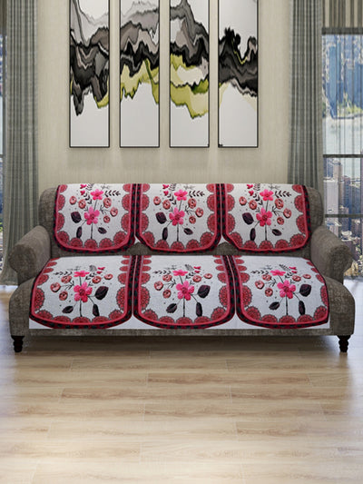 Silver & Pink Floral Patterned 5 Seater Sofa Cover Set