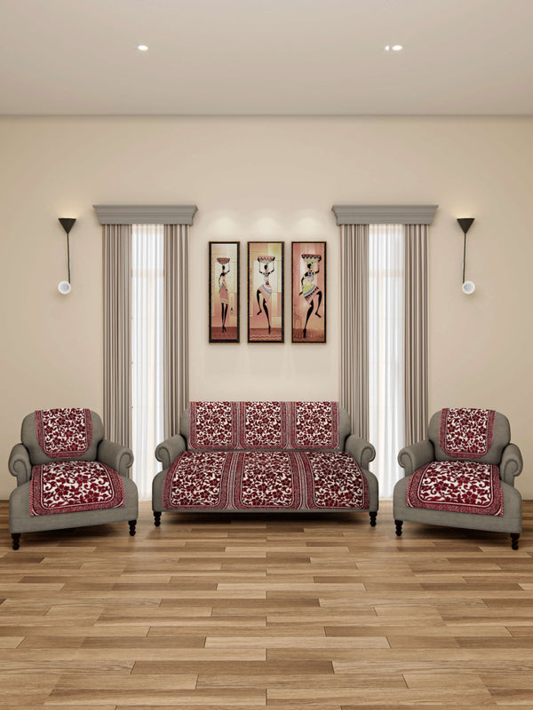 6-Pieces Beige & Maroon Floral Design 5-Seater Sofa Covers