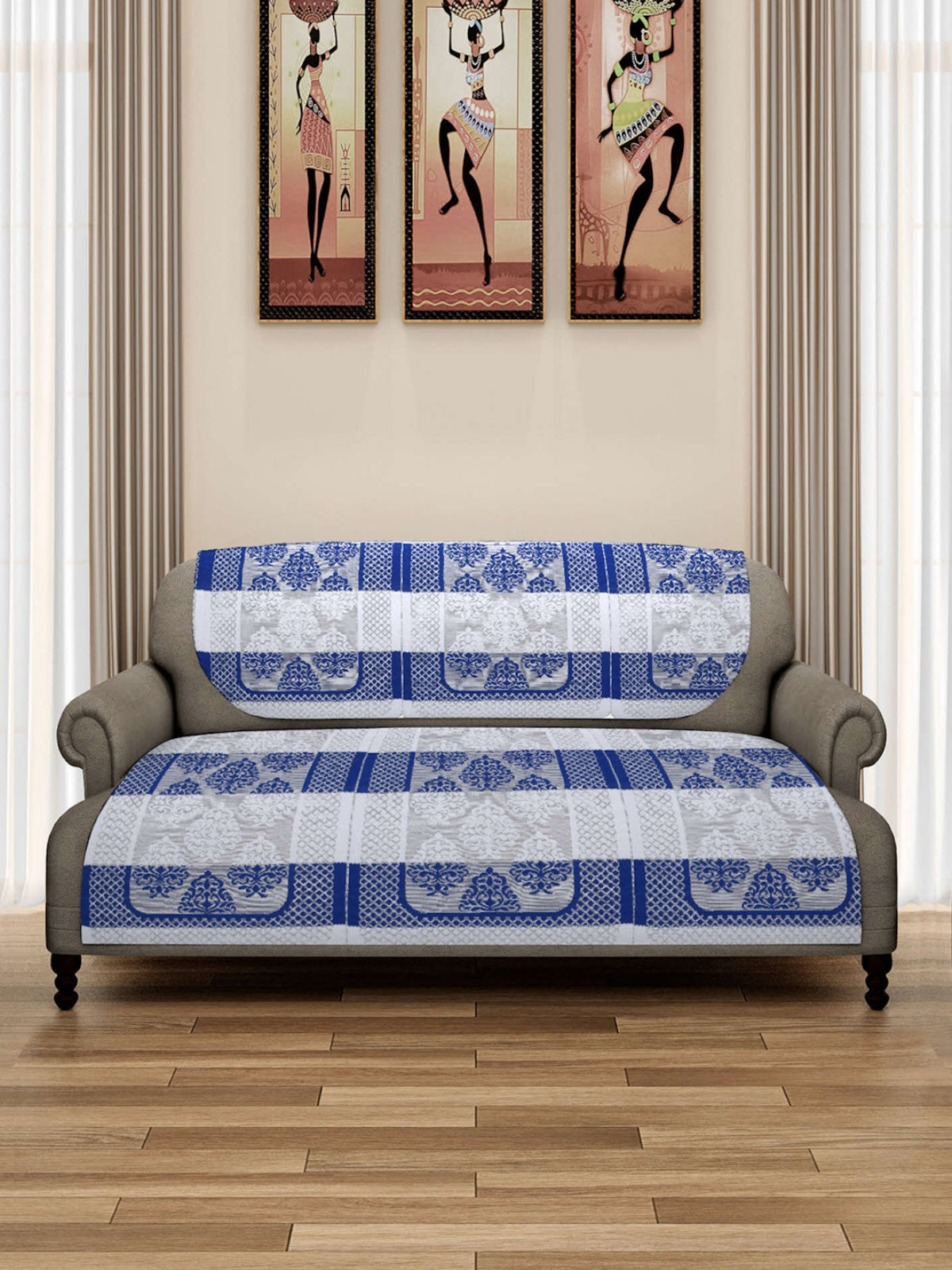 6-Pieces Blue White Damask Patterned 5-Seater Sofa Covers