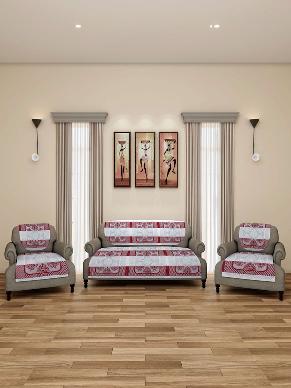 Romee 6-pieces maroon & beige damask patterned 5-seater sofa covers slpss79