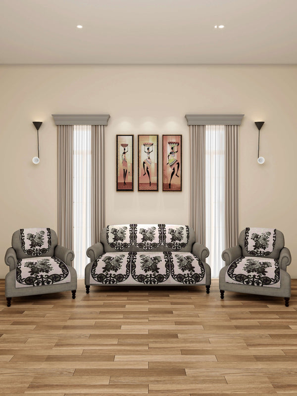 Romee 6-pieces beige & black floral patterned 5-seater sofa covers slpss84