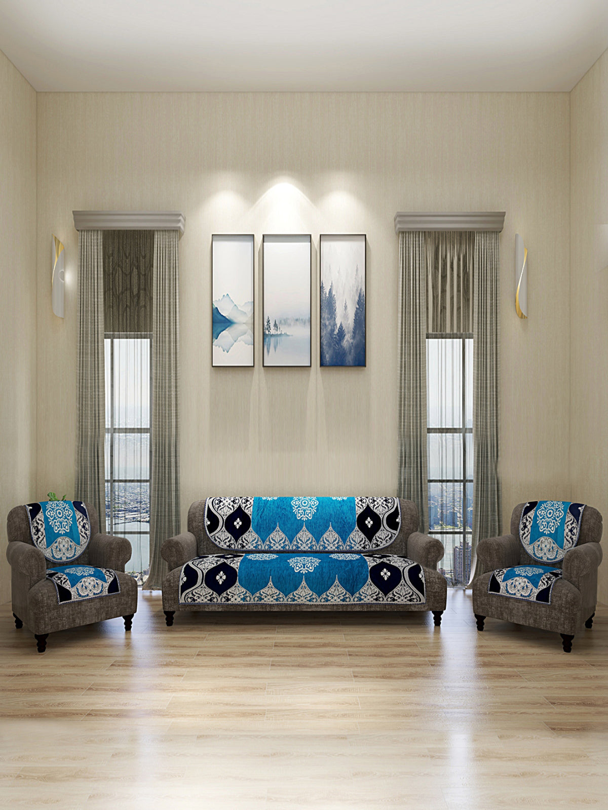 Damask Design Sofa Cover Set of 5 Seater 6 Pieces Turquoise