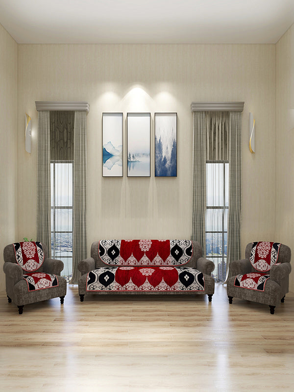 Damask Design Sofa Cover Set of 5 Seater, (6 Pieces) - Maroon