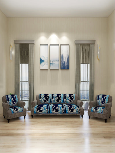 Damask Design 5 Seater Sofa Cover Set , (6 Pieces) - Blue
