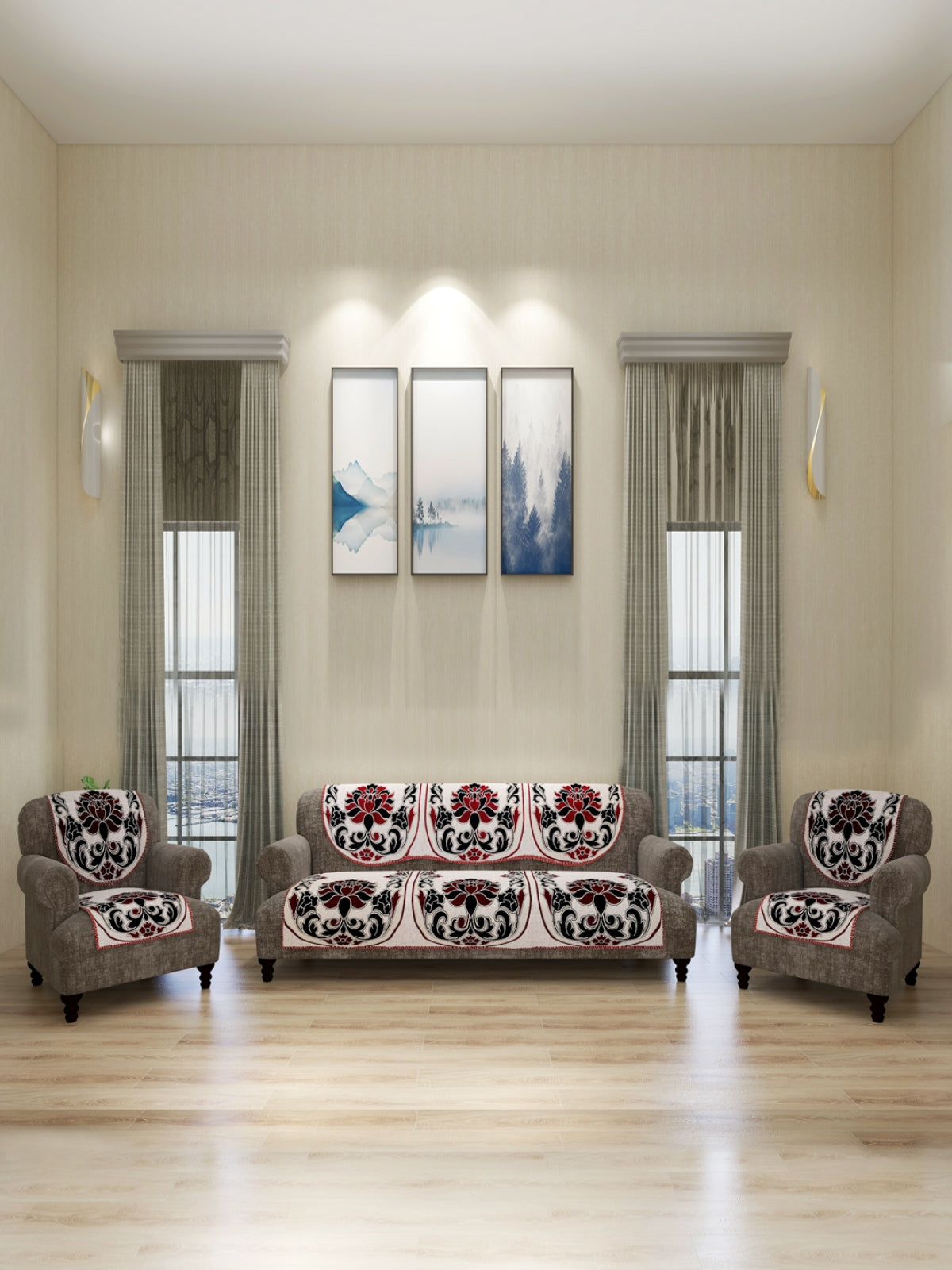 Damask Design 5 Seater Sofa Cover Set , (6 Pieces) - Cream & Maroon