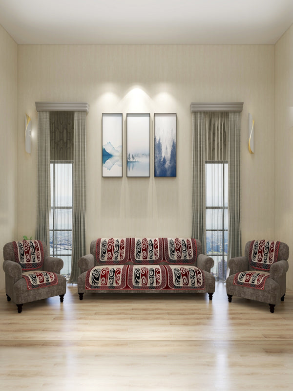 Abstact Design 5 Seater Sofa Cover Set , (6 Pieces) - Beige & Maroon