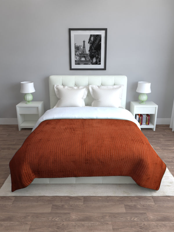 Brown 500 GSM Double Bed Stripes Patterned Sherpa Wool Blanket