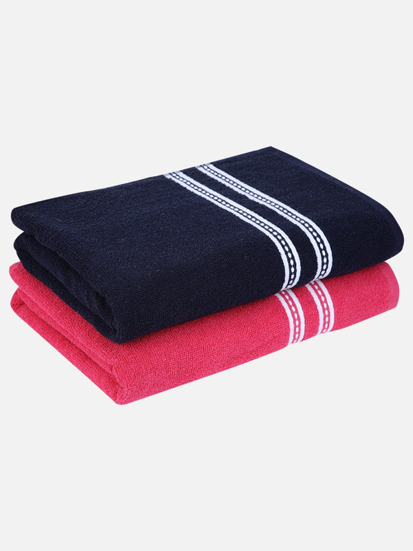 Set of 2 Pink & Dark Blue Solid Cotton Towels