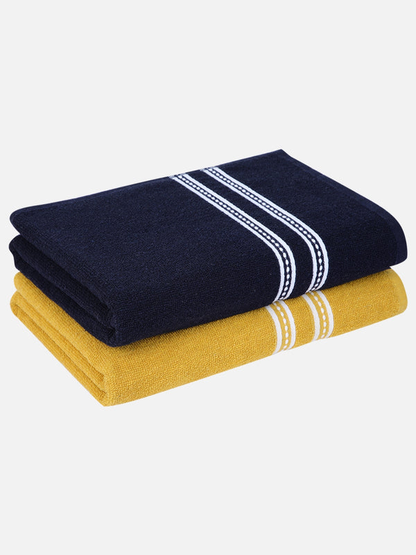 Set of 2 Yellow & Dark Blue Solid Cotton Towels