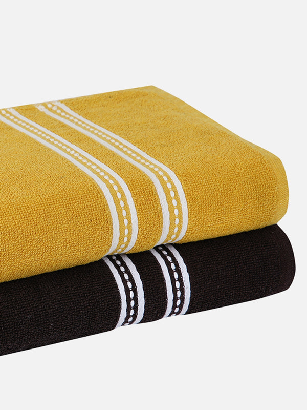 Set of 2 Yellow & Coffee Brown Solid Cotton Towels