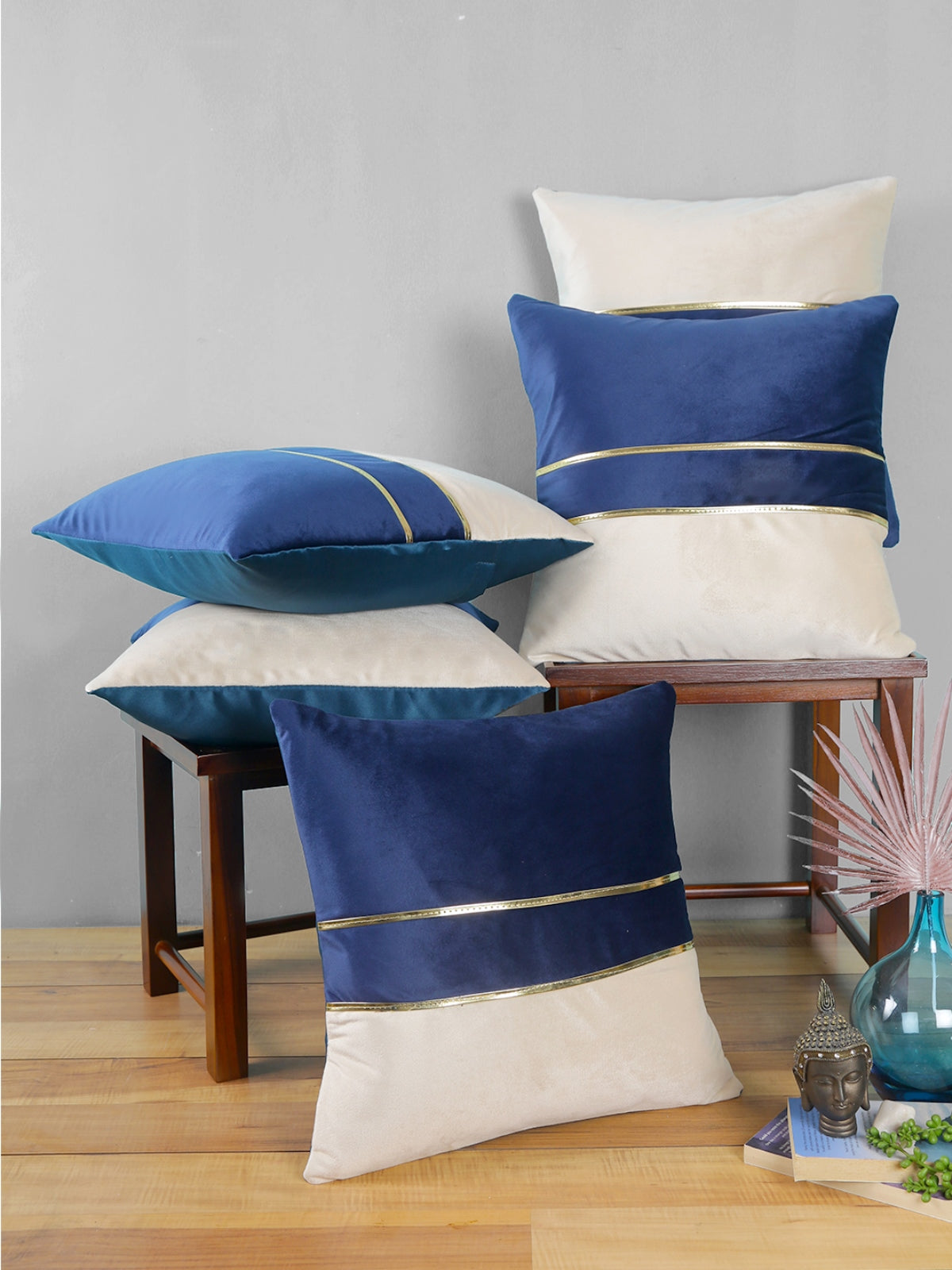 Royal Blue & Beige Set of 5 Colourblocked Velvet Square Cushion Covers