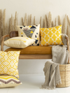 BEIGE & YELLOW SET OF 5 GEOMETRIC PATTERNED JUTE SQUARE CUSHION COVERS