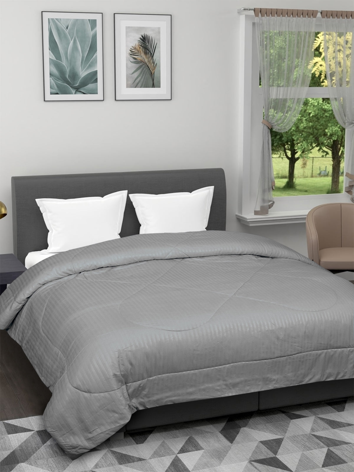 Grey Striped Patterned 150 Gsm Reversible Ac Comforter