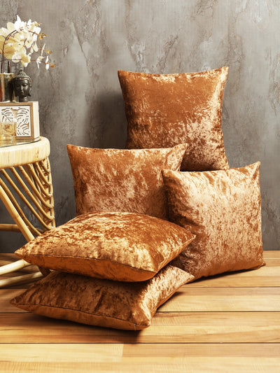 Gold Set of 5 Solid Patterned Velvet Square Cushion Covers