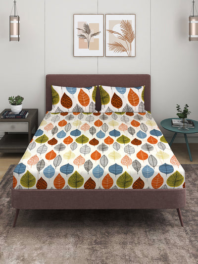 Beige & Orange Floral Patterned 210 TC Queen Bedsheet with 2 Pillow Covers