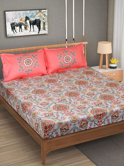 Sea Green & Pink Ethnic Motifs PATTERNED 240 TC QUEEN BEDSHEET WITH 2 PILLOW COVERS