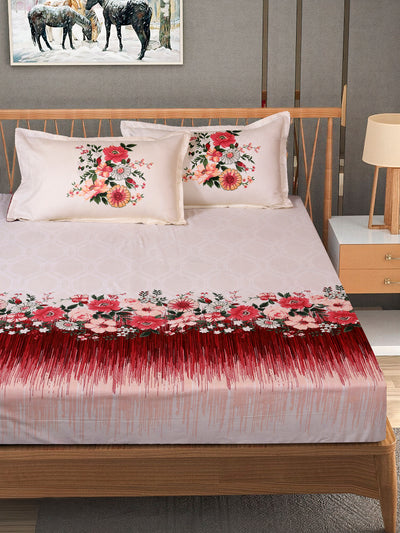 Red & Cream Floral PATTERNED 240 TC QUEEN BEDSHEET WITH 2 PILLOW COVERS