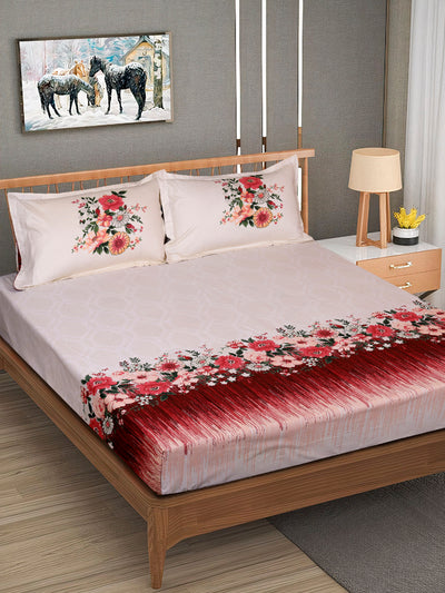 Red & Cream Floral PATTERNED 240 TC QUEEN BEDSHEET WITH 2 PILLOW COVERS